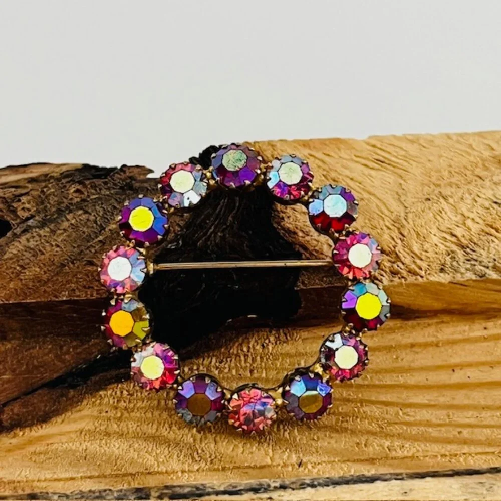 Vintage Iridescent Rhinestone Round Brooch Pin Pink Gold Tone Minimalist